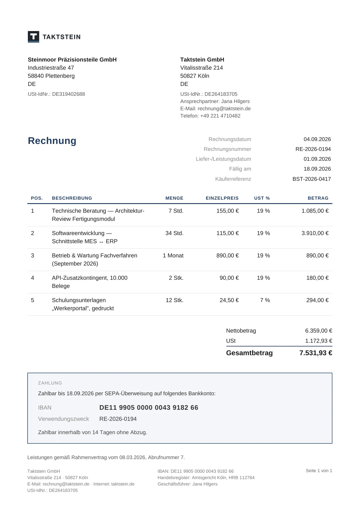 Erste Seite der ausgestellten Rechnung als PDF: Briefkopf mit Anschrift und Steuerangaben, Empfängerblock, Positionstabelle mit zwei Steuersätzen und die Summenaufstellung.